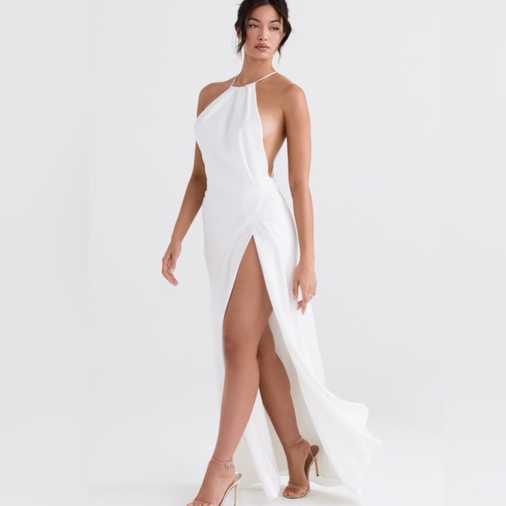 White Backless Maxi Gown with Slit and Halter Neckline